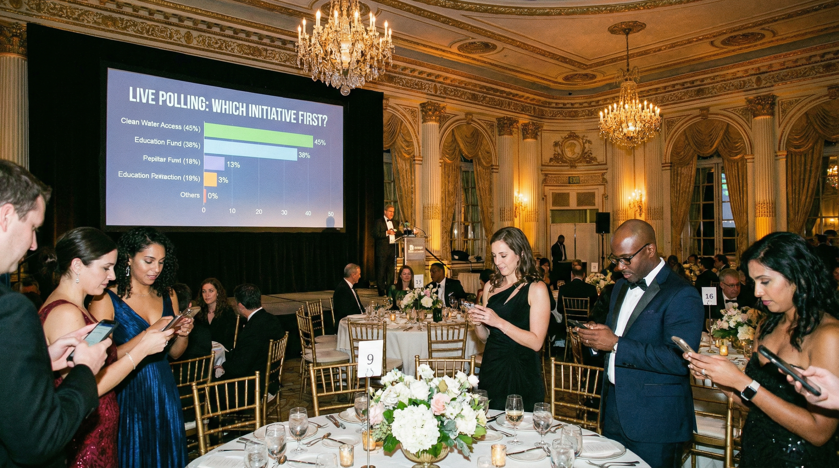 Charity event attendees participating in live polling on smartphones