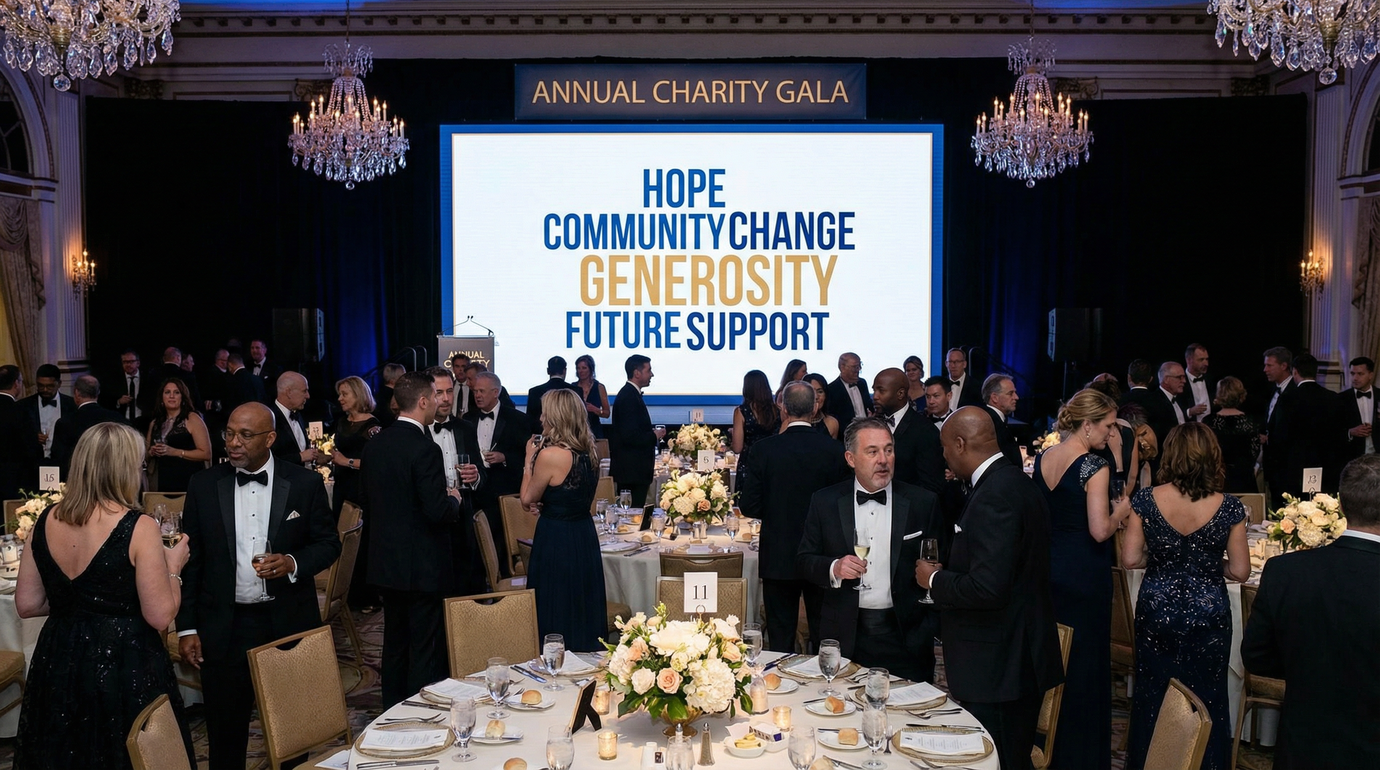 Elegant charity gala with word cloud display showing supporter sentiments