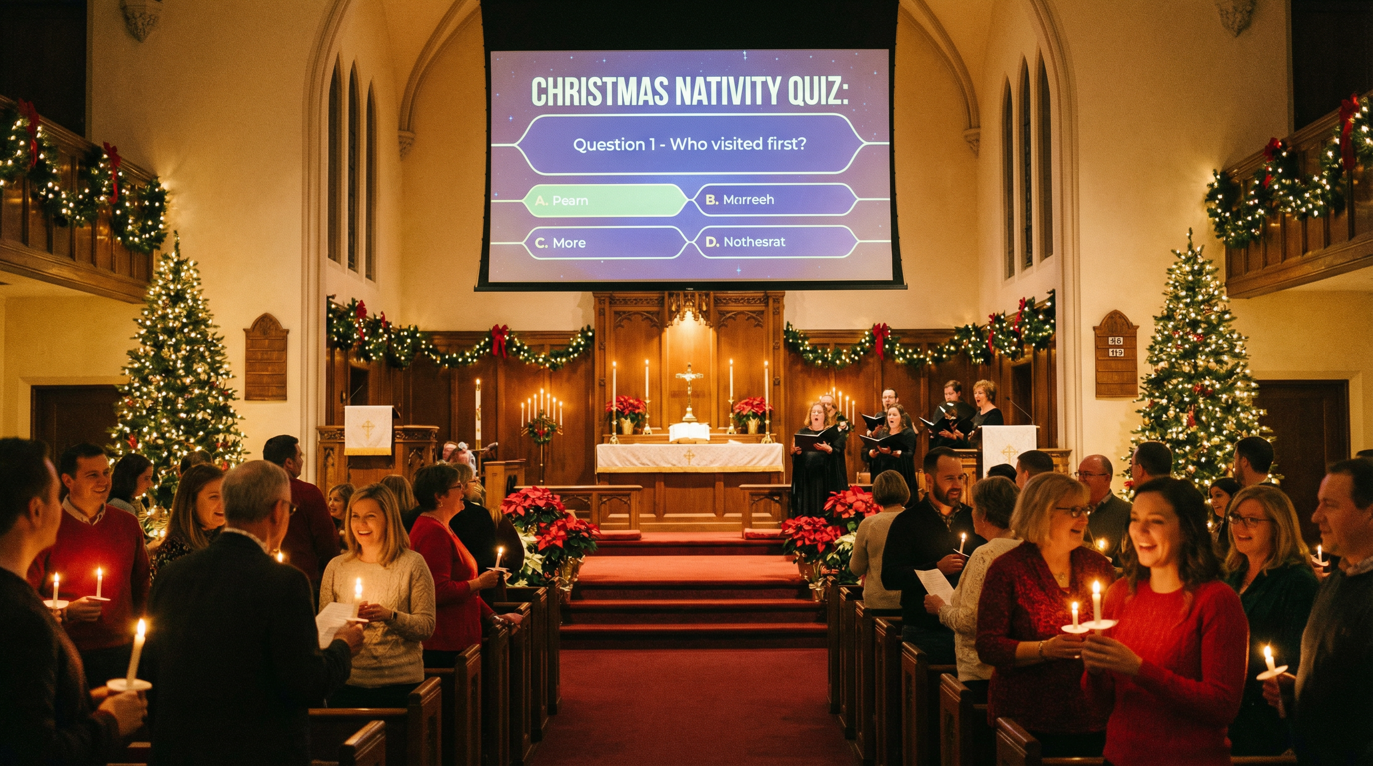 Festive Christmas church service with interactive nativity quiz on screen