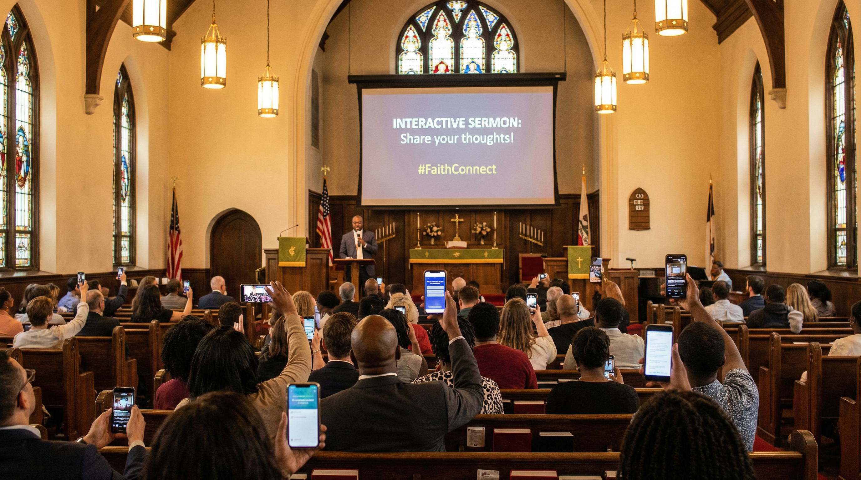 Congregation members using smartphones to participate in interactive church service