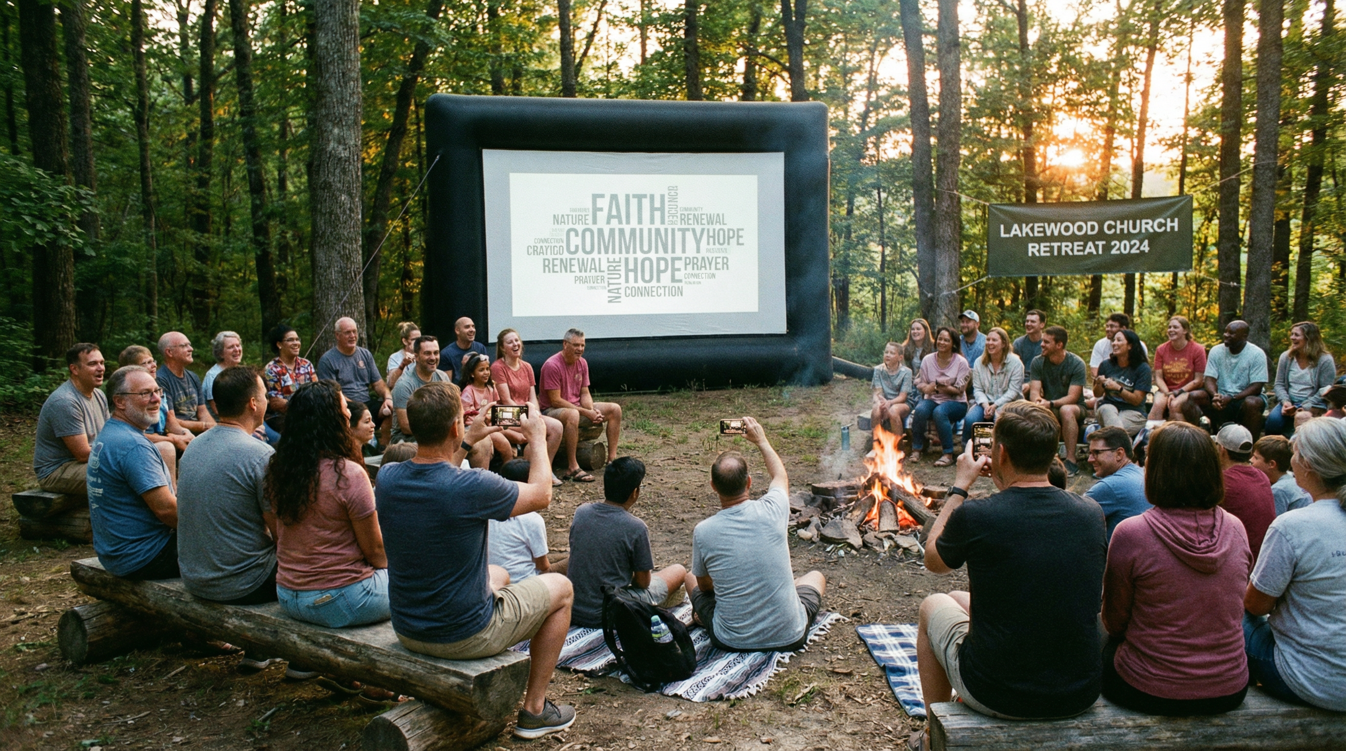 Church retreat group participating in outdoor interactive word cloud activity