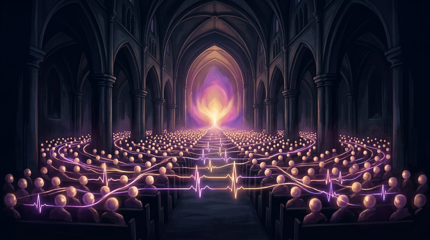 Cathedral congregation bathed in warm golden-purple light, heartbeat traces weaving between souls toward the altar