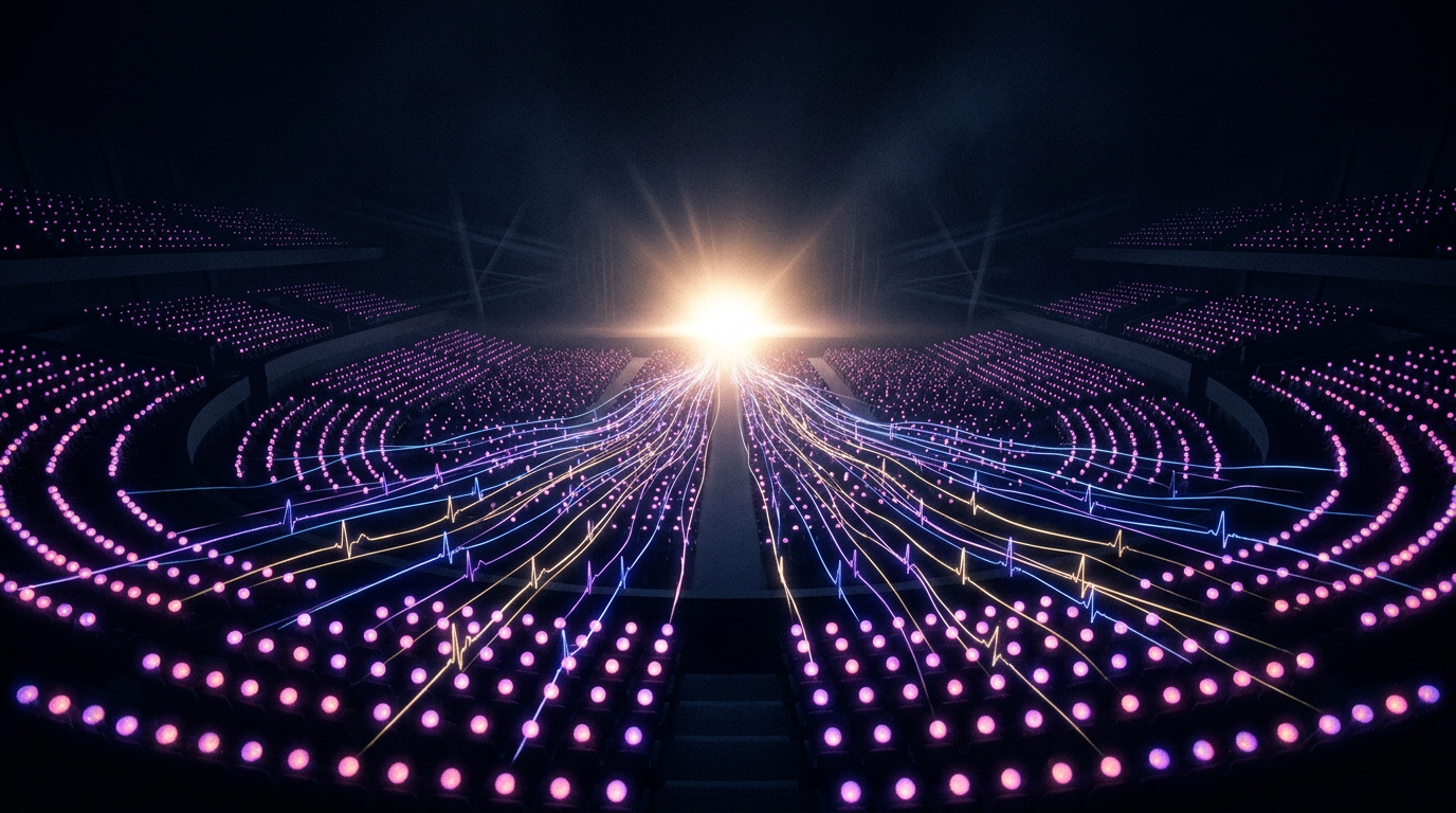 Vast auditorium of glowing participants connected by heartbeat traces flowing toward a radiant stage