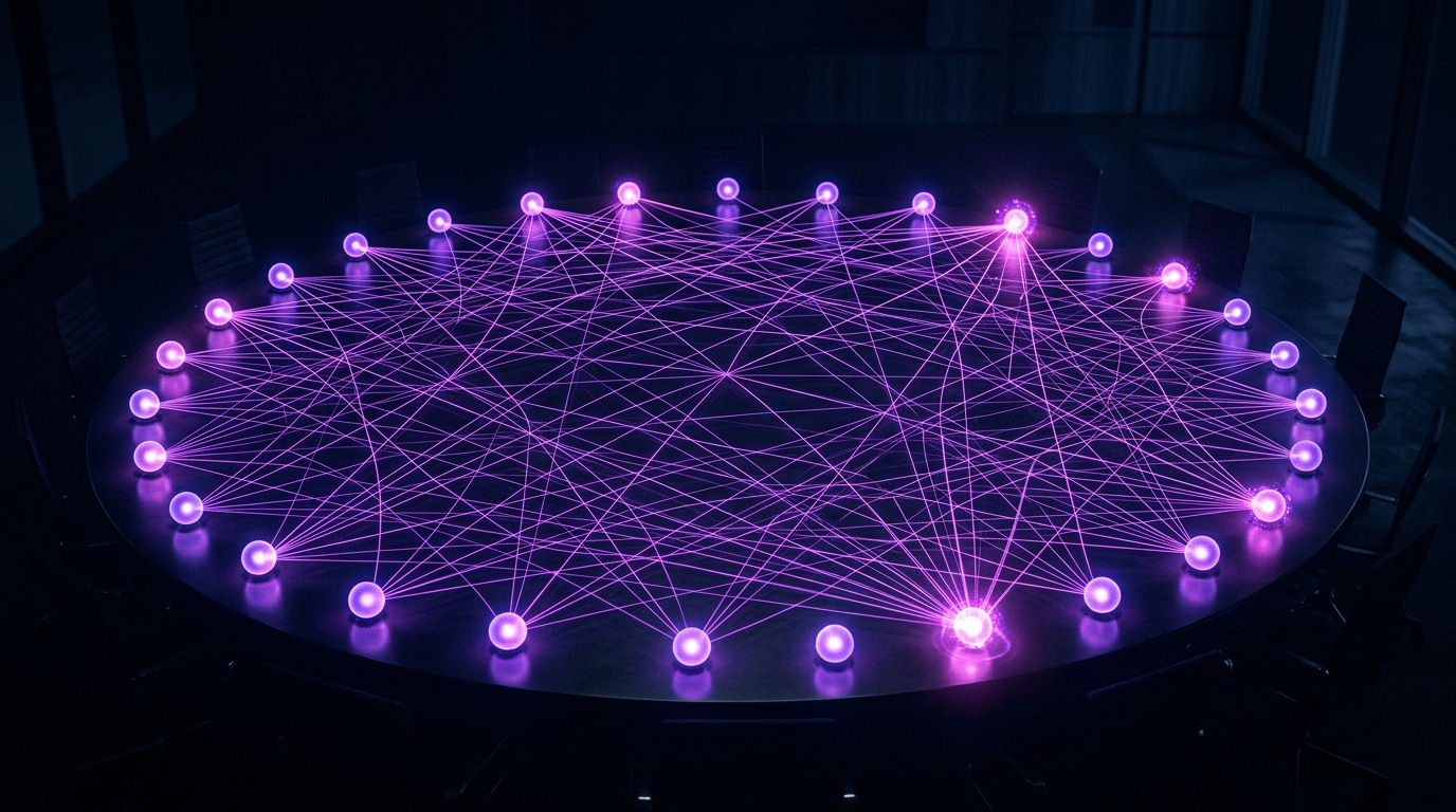 Glowing participants connected around a meeting table — every voice represented, every connection visible