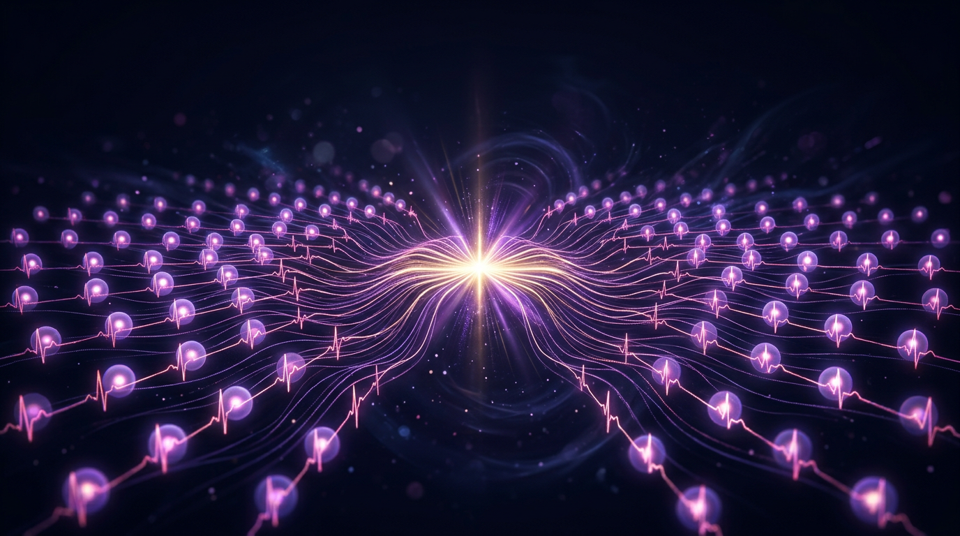 Learners represented as glowing orbs, heartbeat traces flowing toward a central knowledge focal point